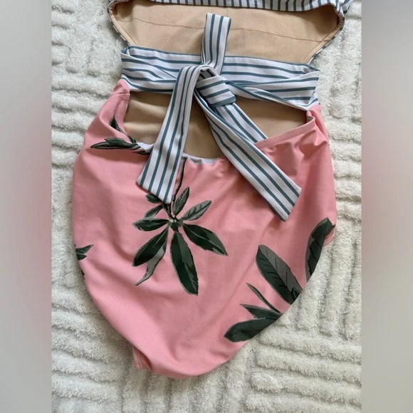 Albion Island Fever One Piece Swimsuit - Blue / White Stripe & Pink Floral - Picture 3 of 10